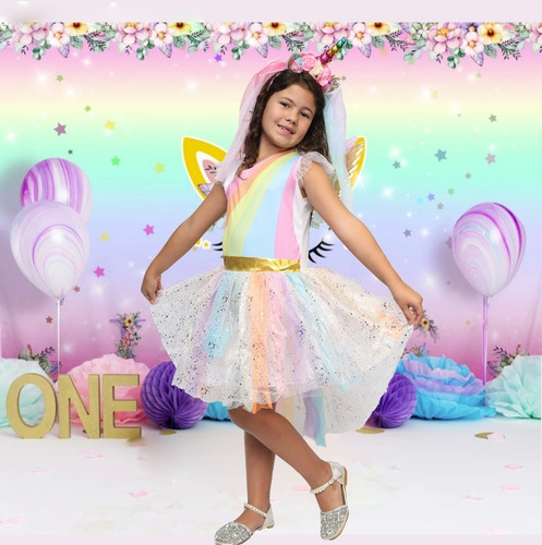 Imagem 1 de 10 de Vestido Fantasia Infantil Unicórnio Arco-íris Aniversario