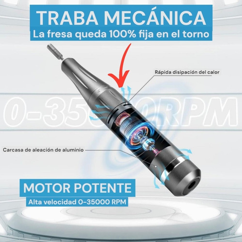 Torno Eléctrico Inalámbrico Para Uñas 35.000rpm Usb+6 Fresas Gris