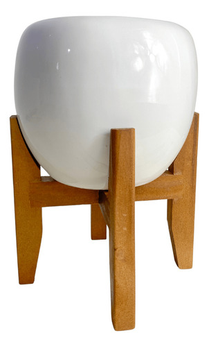 Vaso Cachepot De Mesa 15cm Porcelana Com Tripé De Madeira Cor Branco