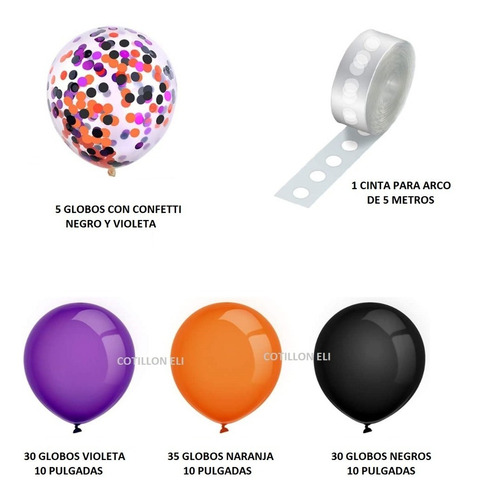 Arco Globos Deco Halloween Violeta Naranja Negro Confetti