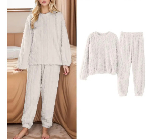 Conjunto Pijama Plush Lana Trenzado Invierno Mujer