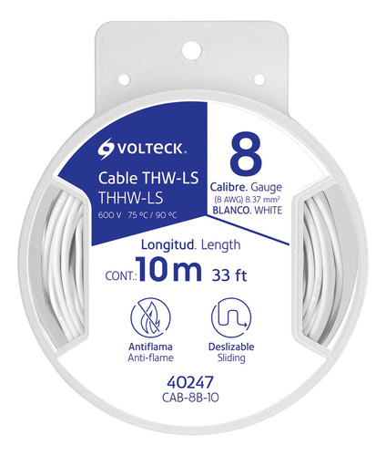 Carrete 10 M De Cable Thhw-ls 8 Awg Blanco, Volteck 40247