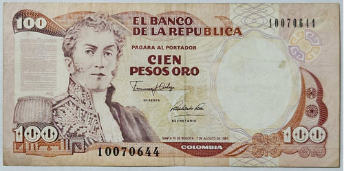 Billete 100 Pesos 07/ago/1991 Colombia Vf