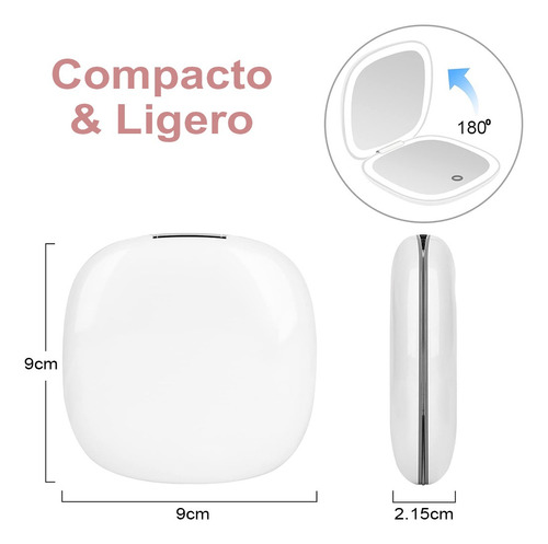 Espejo Mano Mini Led Espejo Maquillaje 3 Tonos Color Ajustab Blanco