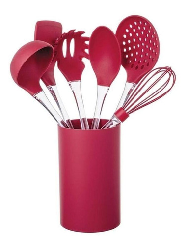 Kit 7 Utensílios Silicone Com Cabo De Acrilico Vermelho Euro