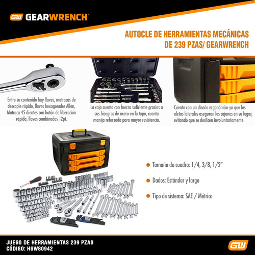 Imagen 5 de 9 de Autocle Caja De Herramientas Gearwrench 80942 Sae/mm 239 Pz