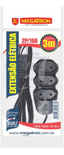 Extensao 3 Tom. Paral.2x0,75x3,00mt 2p 10a/250v Pt Megatron