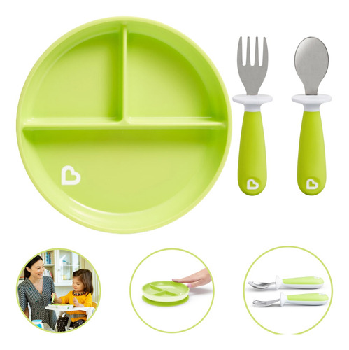 Imagem 1 de 7 de Kit Prato Infantil Divisória Ventosa + Talher Inox Munchkin