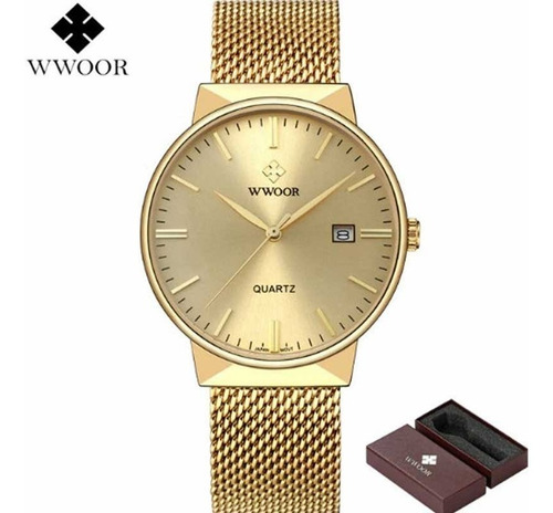 Relógio Wwoor 8826 De Luxo Dourado Ultra Fino Original
