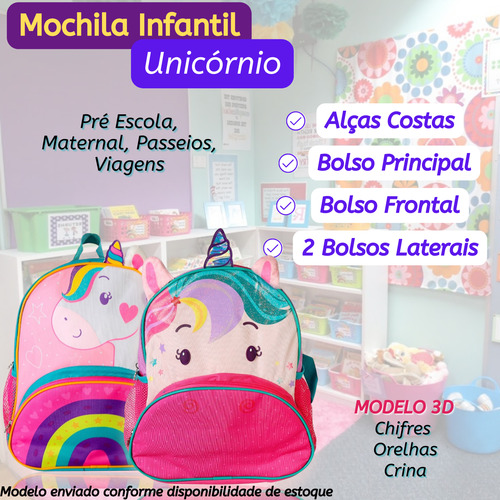 Mochila Criança Menina Costa Cor Rosa Desenho Unicórnio 3d