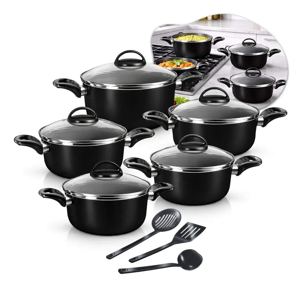 Conjunto De Panelas Caçarolas 5 Peças Antiaderente Com 3 Utensilios E Tampa De Vidro Preto