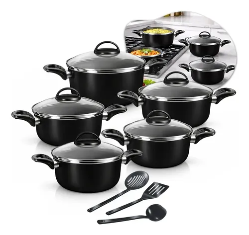 Conjunto De Panelas Caçarolas 5 Peças Antiaderente Com 3 Utensilios E Tampa De Vidro Preto