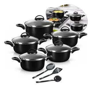 Conjunto De Panelas Caçarolas 5 Peças Antiaderente Com 3 Utensilios E Tampa De Vidro Preto