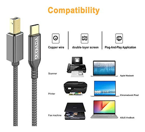 Cable De Impresora Usb C De 15 Pies, Cable Akoada Usb B A Us