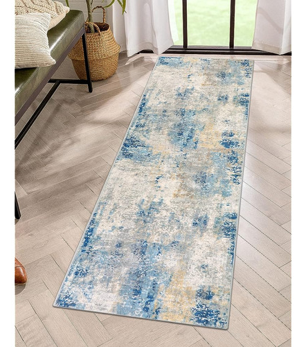 Lahome Modern Abstract Blue Bathroom Runner Rug, 2x6 Lavable