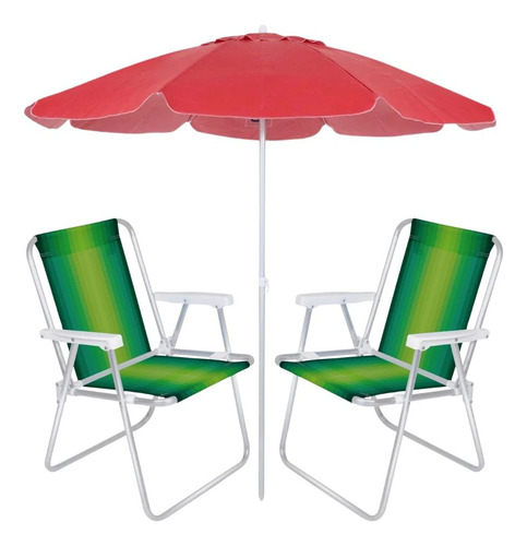 Guarda Sol Vermelho 2 M + 2 Cadeiras De Praia Em Aluminio