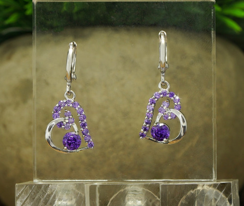 Aretes Colgantes Oro Blanco 18k Corazón Gema Amatista Morado