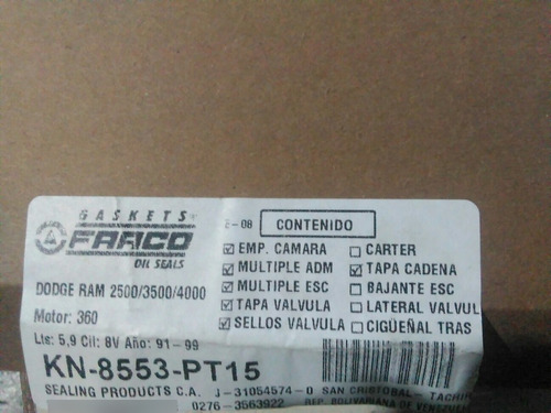 Juego De Empacadura De Dodge Ram 2.500 3.500 4.000 Motor 360