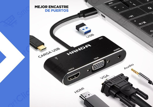 Adaptador Usb C Hdmi Vga Audio 3.0 Usb Carga 5 En 1 Mhl Otg Color Negro