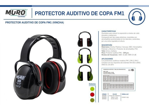 Imagen 3 de 8 de Protector Auditivo Tipo Copa Muro Fm1 31 Db Vincha Excelente