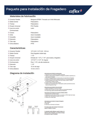 Kit De Instalación Para Fregadero(2 Tarjas) Coflex Psv-f007