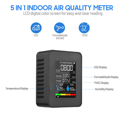 Detector De Dióxido De Carbono De Co2 Preto Lcd Tvoc Hcho Te