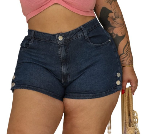 Short Jeans Plus Size Feminino Lycra Cintura Alta Det Barra 