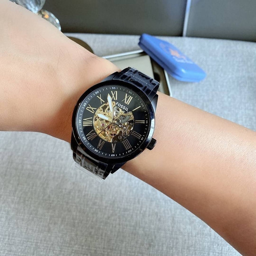 Reloj Fossil Extensible Metálico Automatico Bq2092 Correa Negro Bisel Negro Fondo Dorado