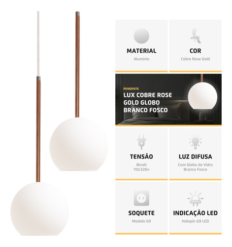Kit 2 Pendente Lux Cobre Rose Gold Globo Vidro Branco + Led