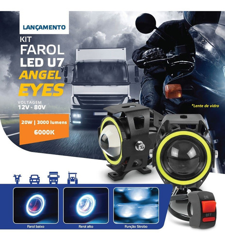 Par Farol Led Angel Eye Auxiliar Neblina Moto U7 Luz Branco