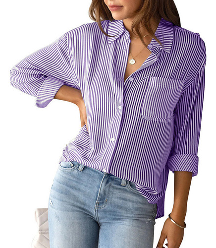 Camisa De Manga Larga Informal Holgada Con Top A Rayas Mujer