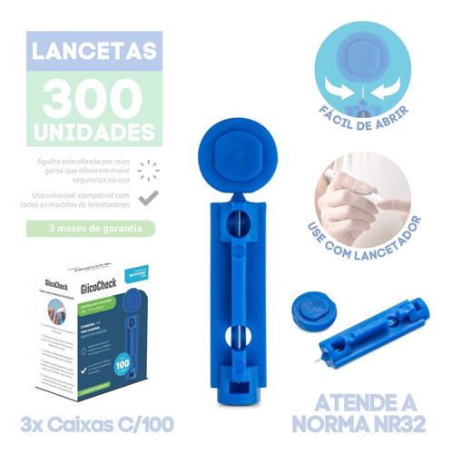 Agulhas Para Lancetador 28g 300un Esterilizadas P/ Diabetes Cor Azul