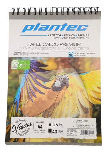 Papel Calco 115grs Plantec Block A4 40 Hojas Vegetal Premium