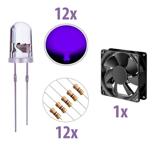 Imagem 1 de 8 de Kit 12x Leds Uv Ultravioleta 5mm + Resistores + Cooler 80mm