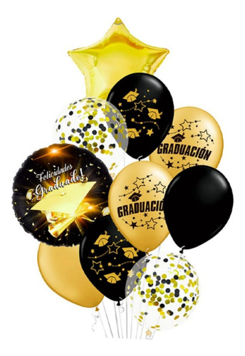 Set 10 Globos Decoración Graduación Dorado Oro Y Negro 