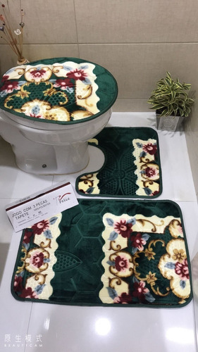 Kit Tapete De Banheiro Com 3 Peças Antiderrapante, Veludo Cor Verde Estampado