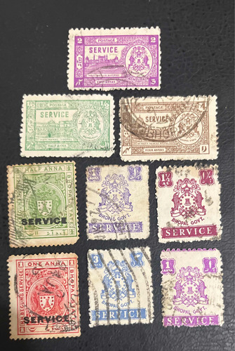 Sello Correo Antiguo India Bhopal 9 Estampillas Lote Sellos