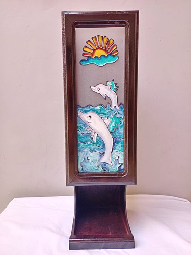 Porta Rollo Con Vitral Para Baño Artesanía De Madera