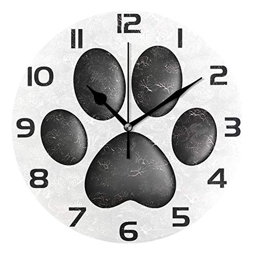 Reloj Pared Redondo Diseño Pata Perro Color Negro Silencioso