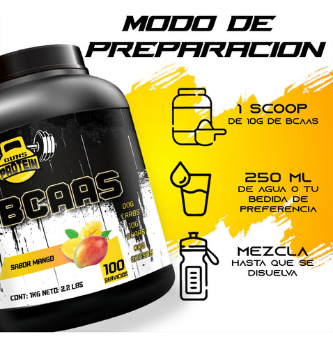 Aminoácidos Bcaas Guns 1 Kg Sabores 100servicios Pre Entreno Mango-