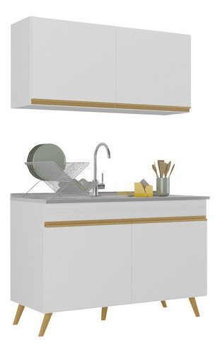 Armário De Cozinha Compacta 120cm Veneza Multimóveis V2141 Cor Branco/dourado