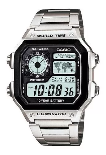 Reloj pulsera Casio Collection AE-1200 de cuerpo color plateado, digital, fondo gris, con correa de acero color plateado, dial subesferas color gris y negro, minutero/segundero negro, bisel color negro y