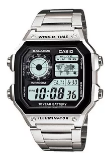 Reloj pulsera Casio Collection AE-1200 de cuerpo color plateado, digital, fondo gris, con correa de acero inoxidable color plateado, dial negro, subesferas color gris y negro, minutero/segundero negro