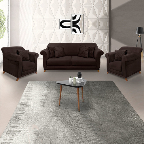 2 Poltronas E Sofá Living 2 Lugares 1,80m Vênus Suede Marrom