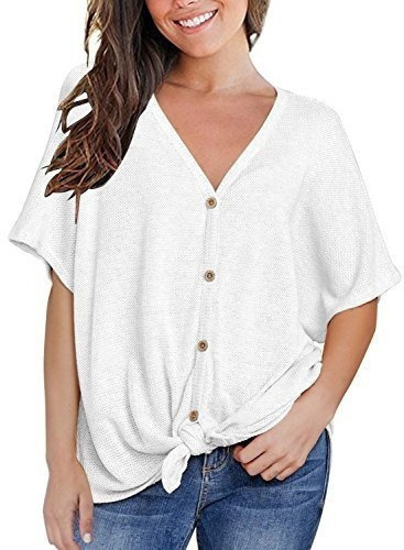 Miholl Mujer Suelta Blusa Manga Corta Cuello V Boton Abajo T