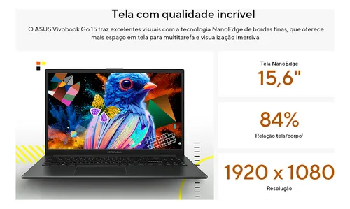 Notebook Asus Vivobook Go 15 E1504, Amd Ryzen 5 7520u 2,8 Ghz, 8gb Ram, 256gb Ssd, Windows 11 Home, Tela 15,6  Fhd, Black - E1504fa-nj825w Preto