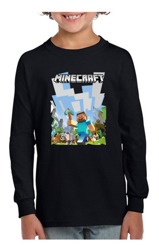 Remera Minecraft Manga Larga Steve - Todos Los Talles