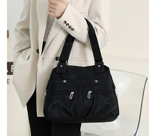 Cartera Bandolera Bolso De Mano - Tela Impermeable Negra Negro