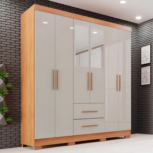 Guarda-roupa Casal com Espelho 6 Portas 2 Gavetas Sallêto Cinamomo/Off White