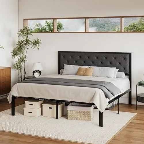 Cama King Size Metal Con Cabecera Tapizada Y Almacenaje, Gri
